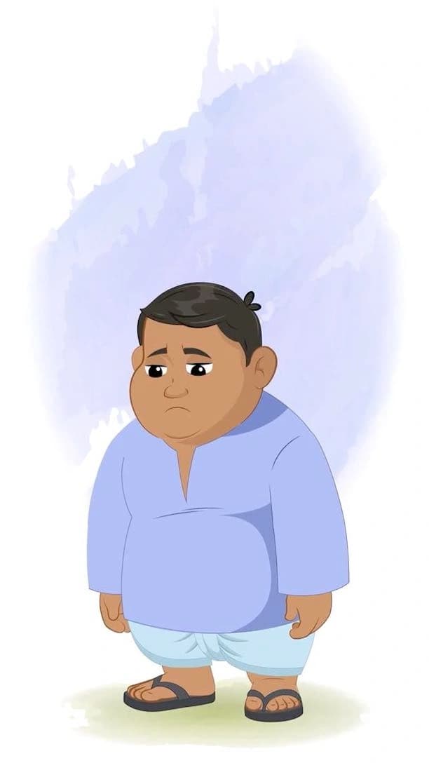 A 2d animated fat indian villager sad pose cartoon character vector AKA Devank