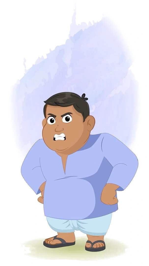 A 2d fat angry indian villager animated vector cartoon character AKA Devank