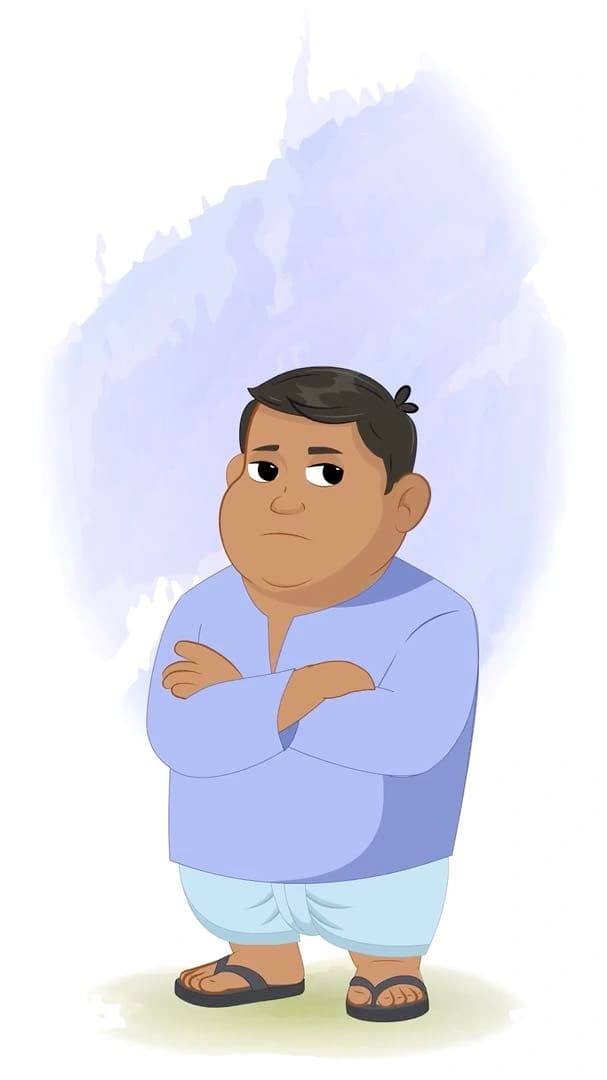 A 2d fat annoyed indian villager animated vector cartoon character AKA Devank