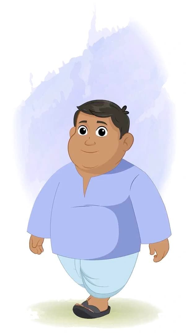 A 2d fat indian villager walking animated vector cartoon character AKA Devank