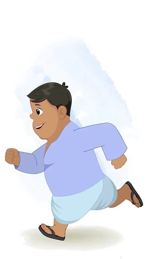 A 2d fat indian villager side running animated vector cartoon character AKA Devank