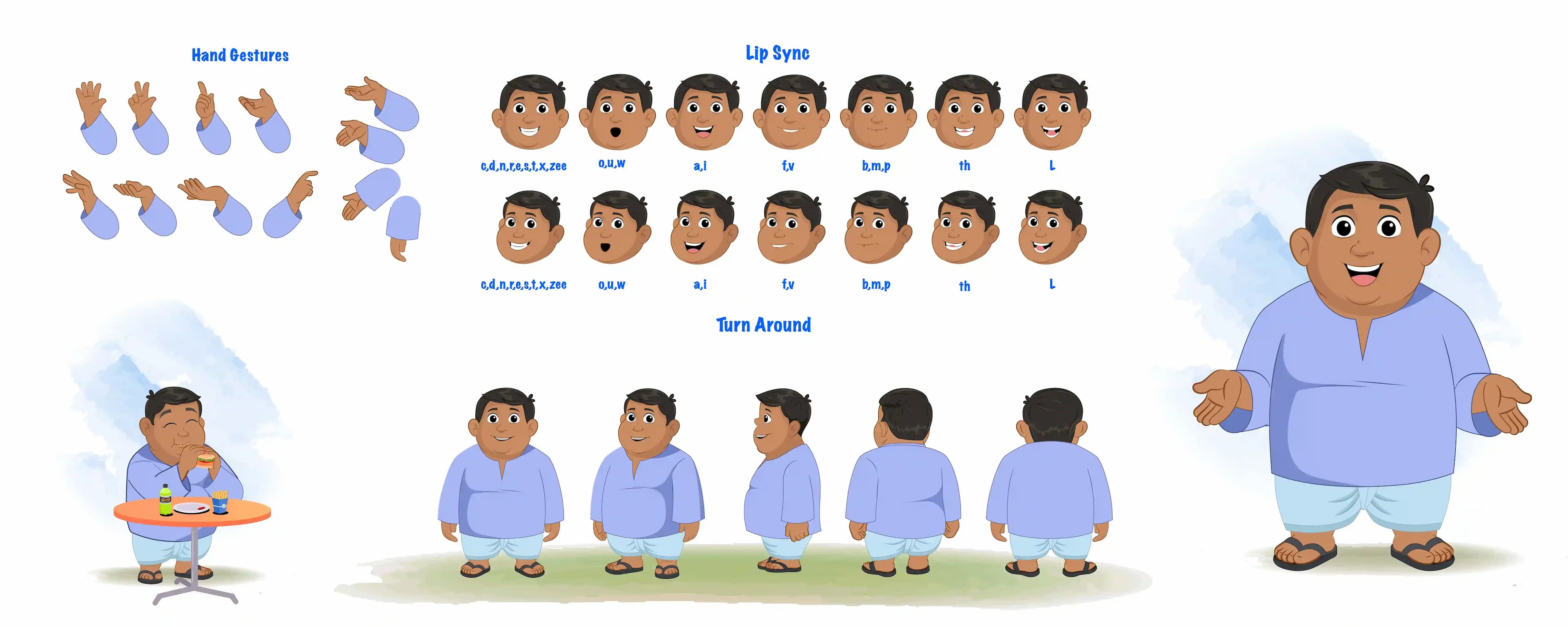A 2d fat indian village illustration model sheet vector cartoon character construction design set with hand gesture AKA Devank