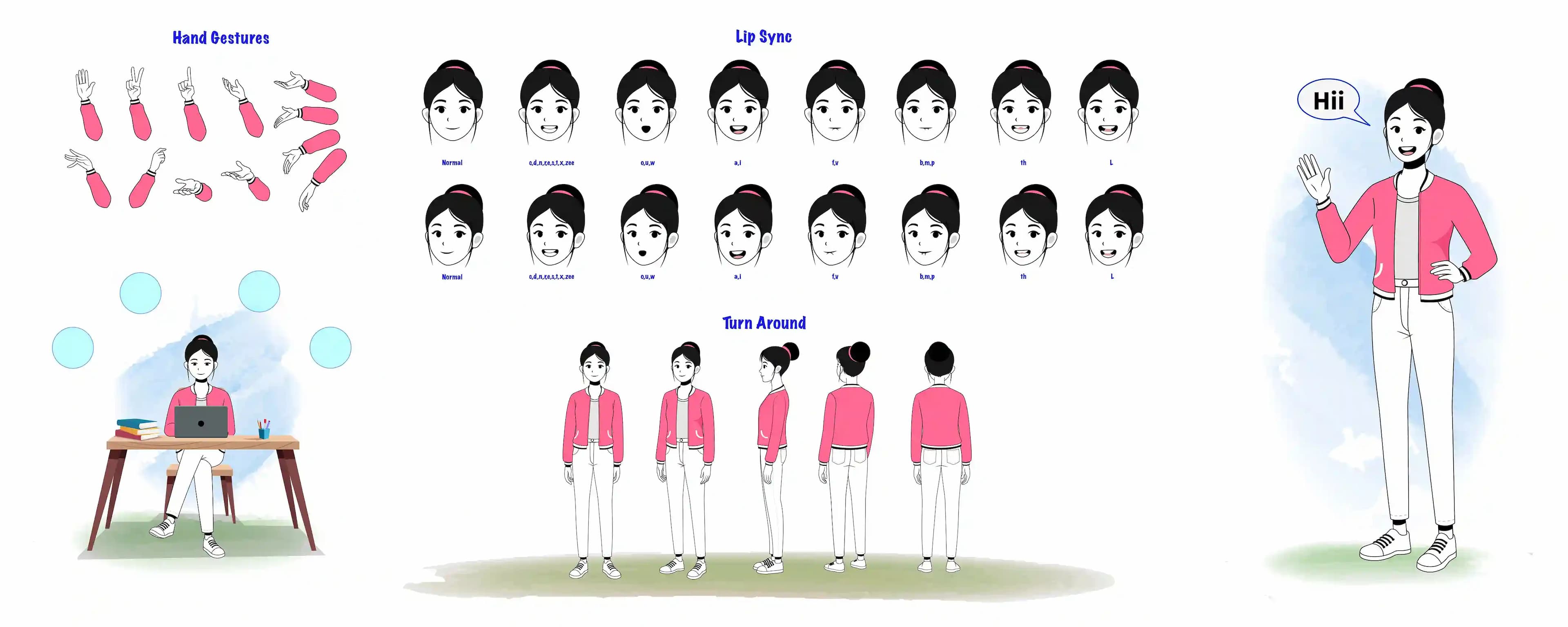 Cartoon woman character model sheet with turnaround, lip sync, and hand gestures AKA Scarlett