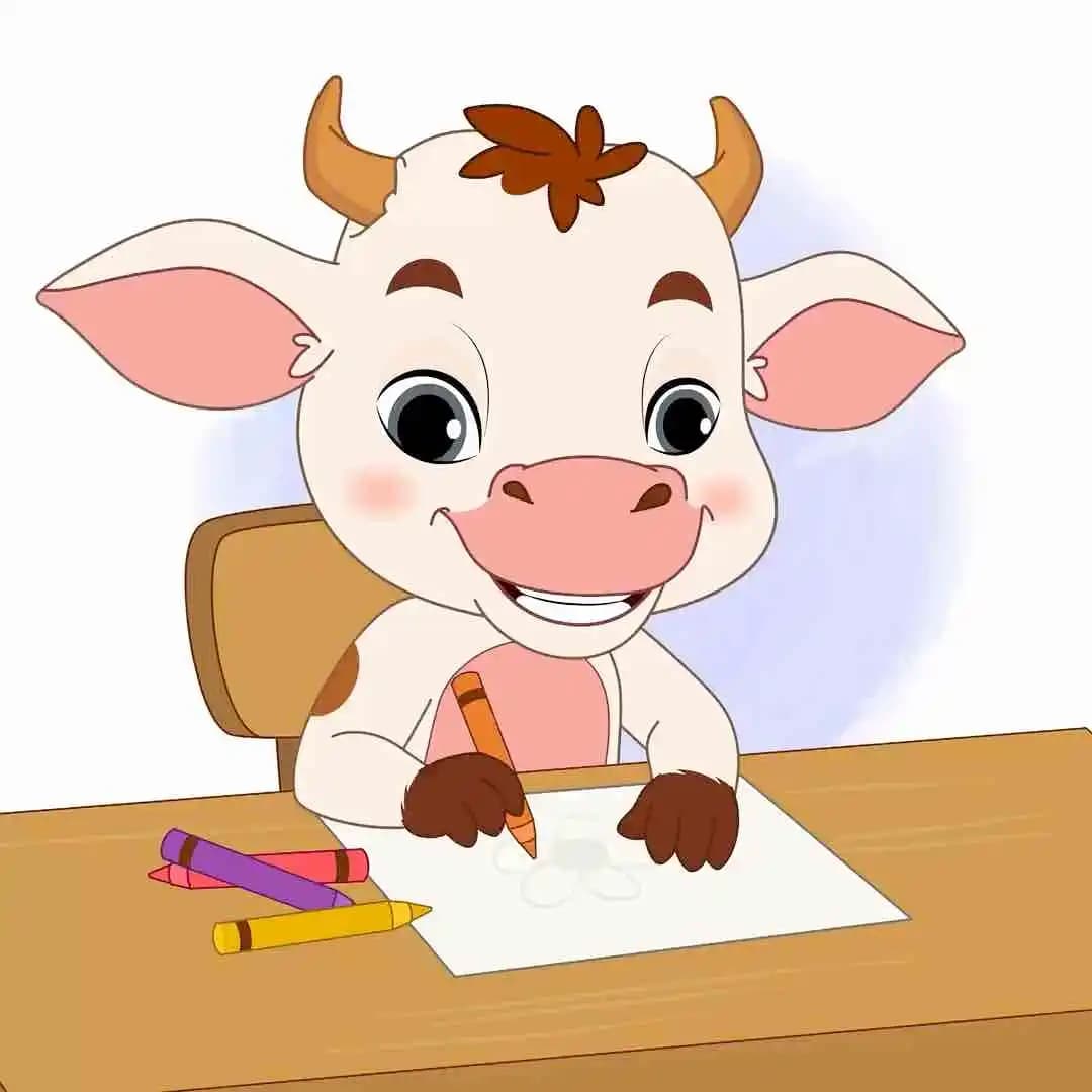 A cute baby cow doing drawing animated vector cartoon character AKA Aaru The Cow