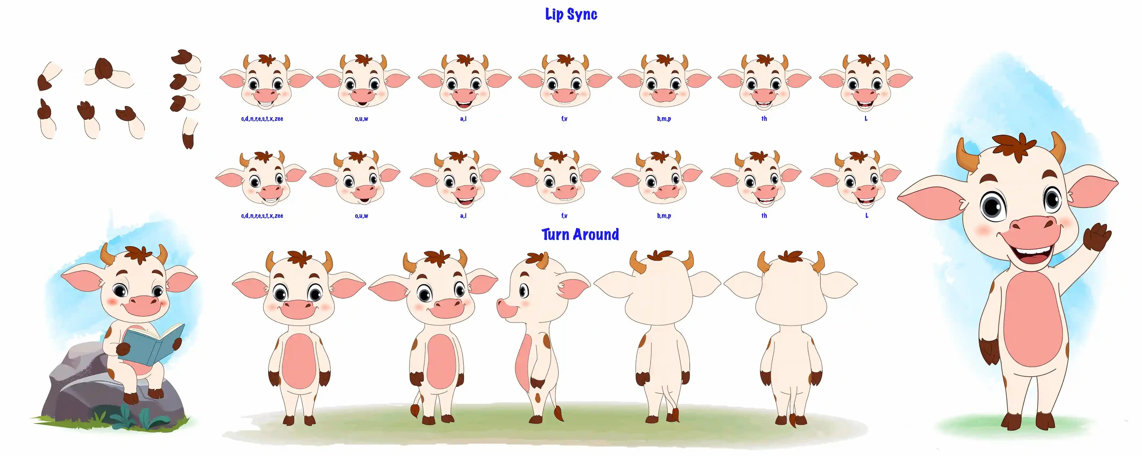 A 2d illustration model sheet of baby cow character construction design set vector with hand gesture & turn around poses AKA Aaru The Cow