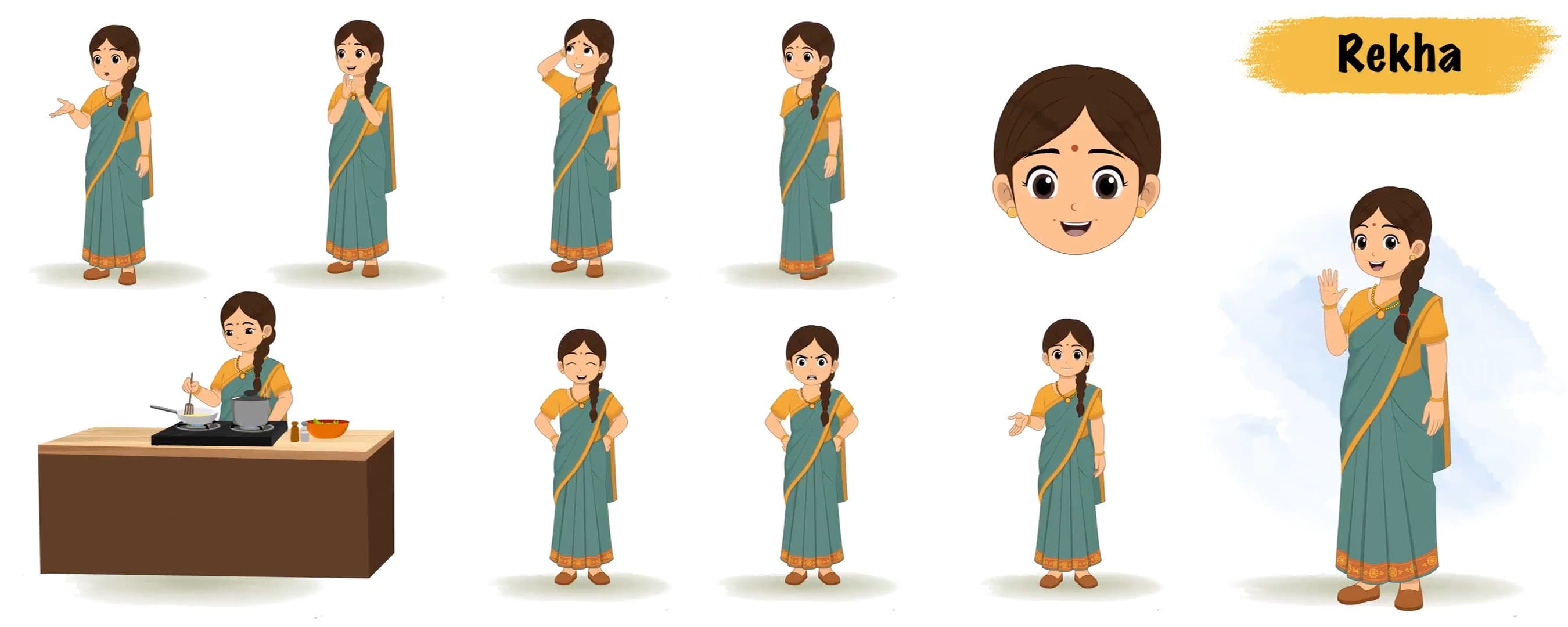Indian cartoon woman animated character model sheet AKA Rekha