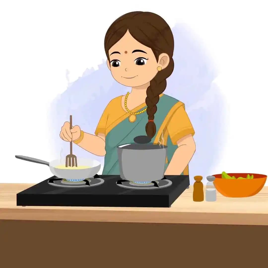 An Indian cartoon animated woman cooking vector cartoon character AKA Rekha