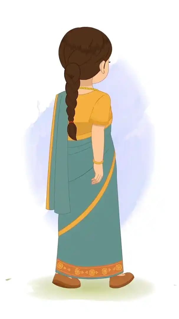An Indian cartoon woman walking in back third view animated vector cartoon character AKA Rekha