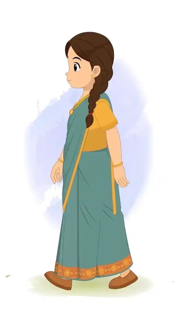 An Indian cartoon woman side walking animated vector cartoon character AKA Rekha