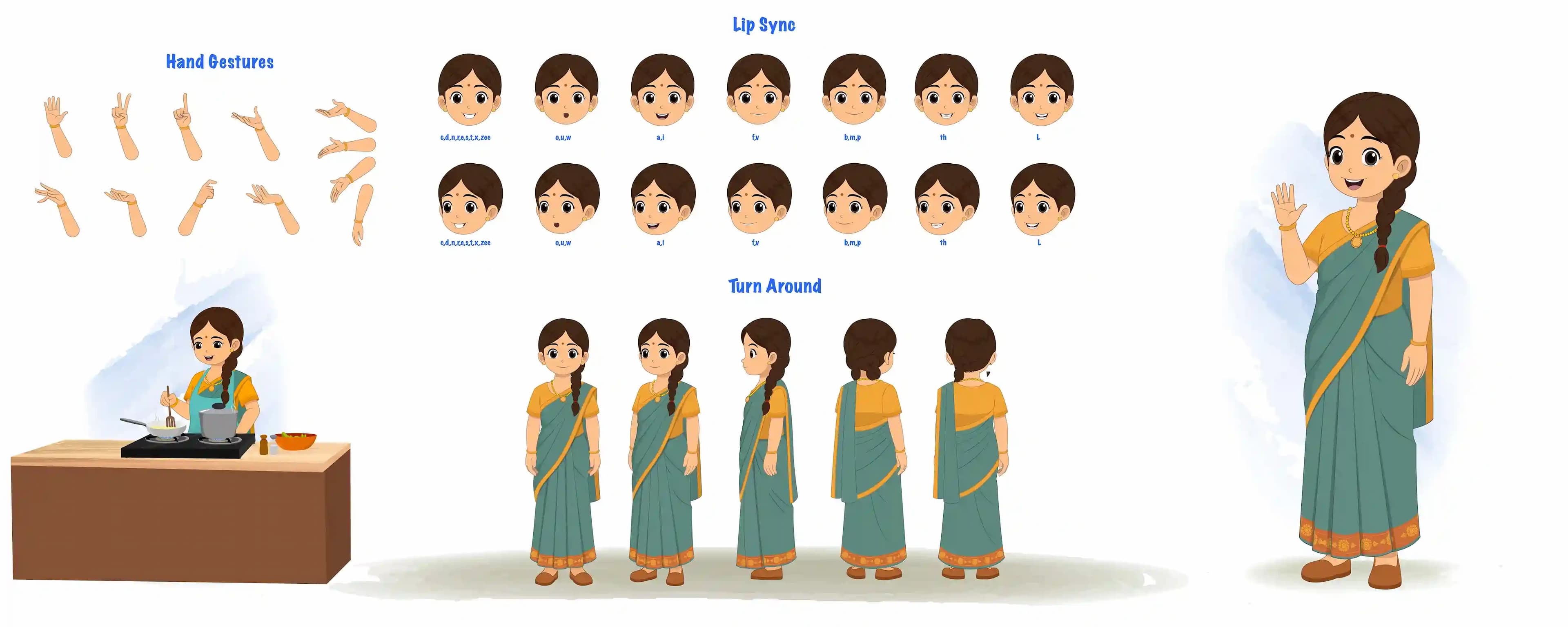 An Indian cartoon woman saree model sheet vector character construction design set for animation with turn around poses & hand gesture