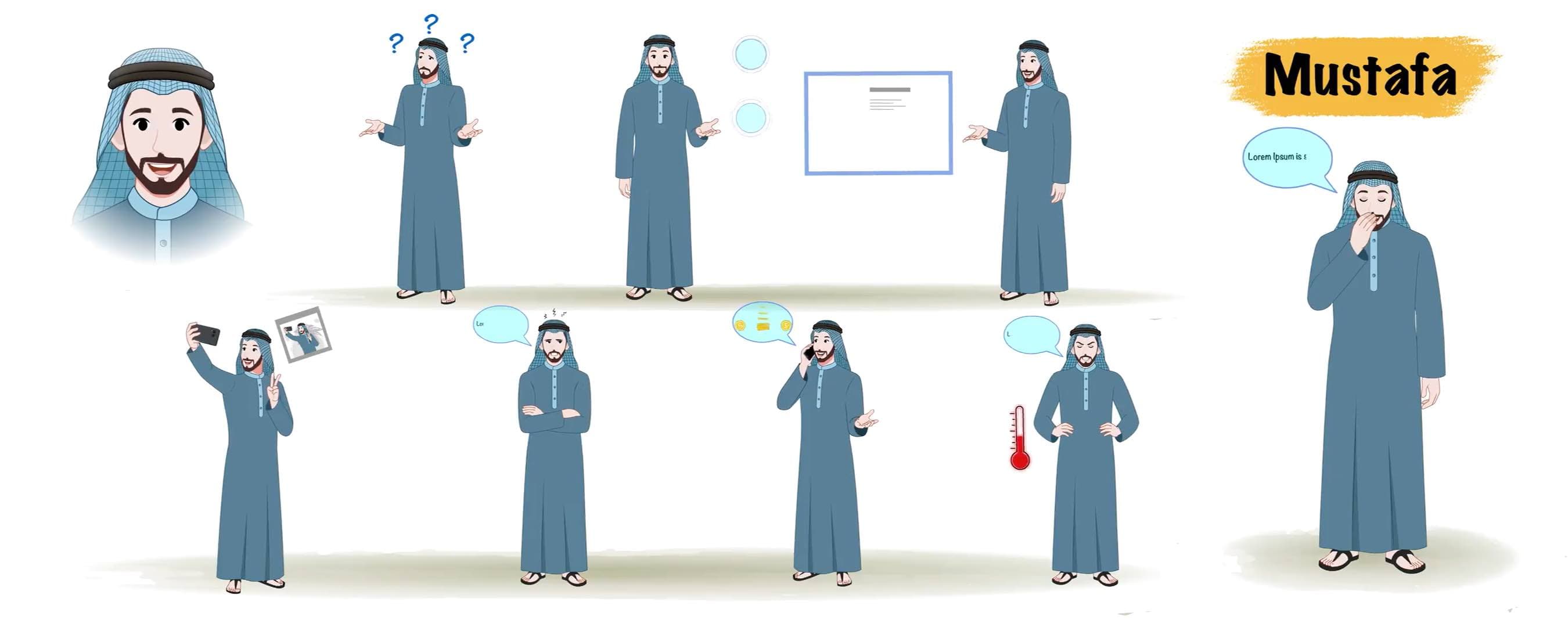 Muslim Arab Sheikh animated model sheet vector cartoon character