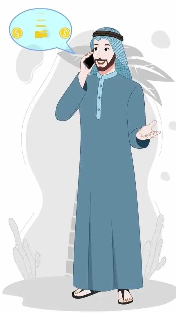 A muslim arab sheikh talking on phone animated vector cartoon character AKA Mustafa