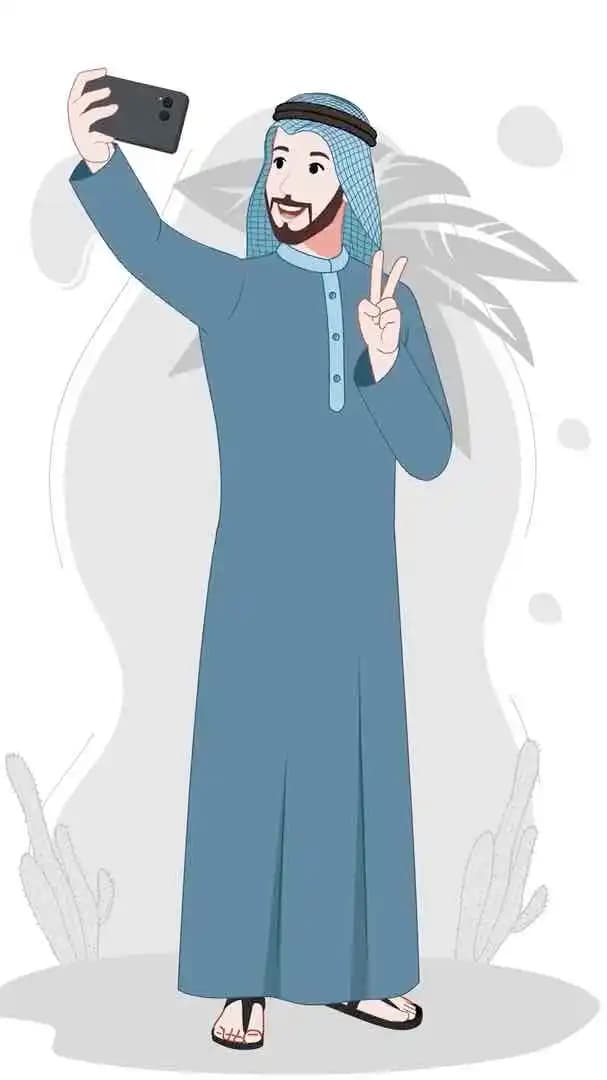 A muslim arab sheikh taking selfie animated vector cartoon character AKA Mustafa