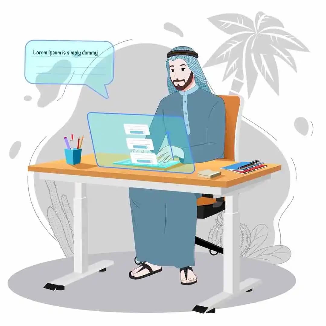A muslim arab sheikh working on computer animated vector cartoon character AKA Mustafa