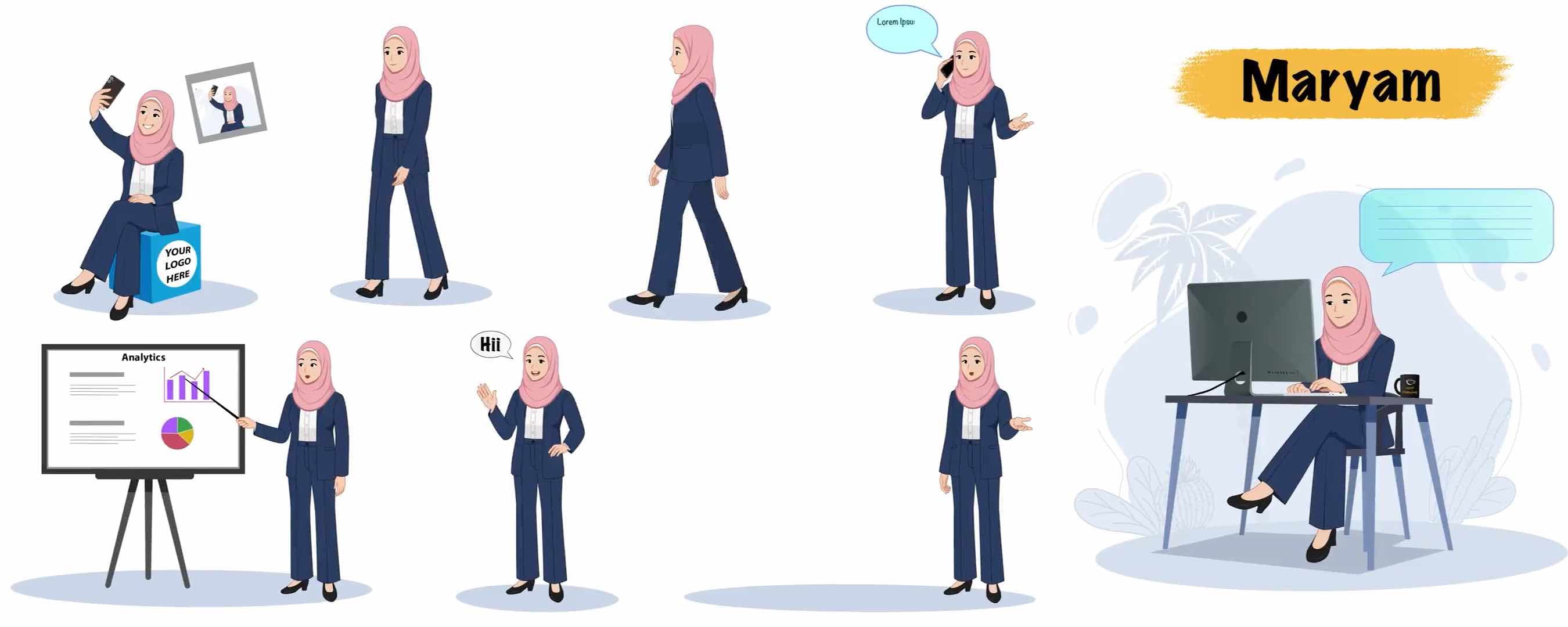 Female muslim office employee animated model sheet vector cartoon character