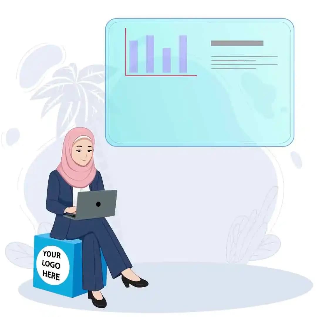 A female muslim office employee working while sitting animated vector character AKA Maryam