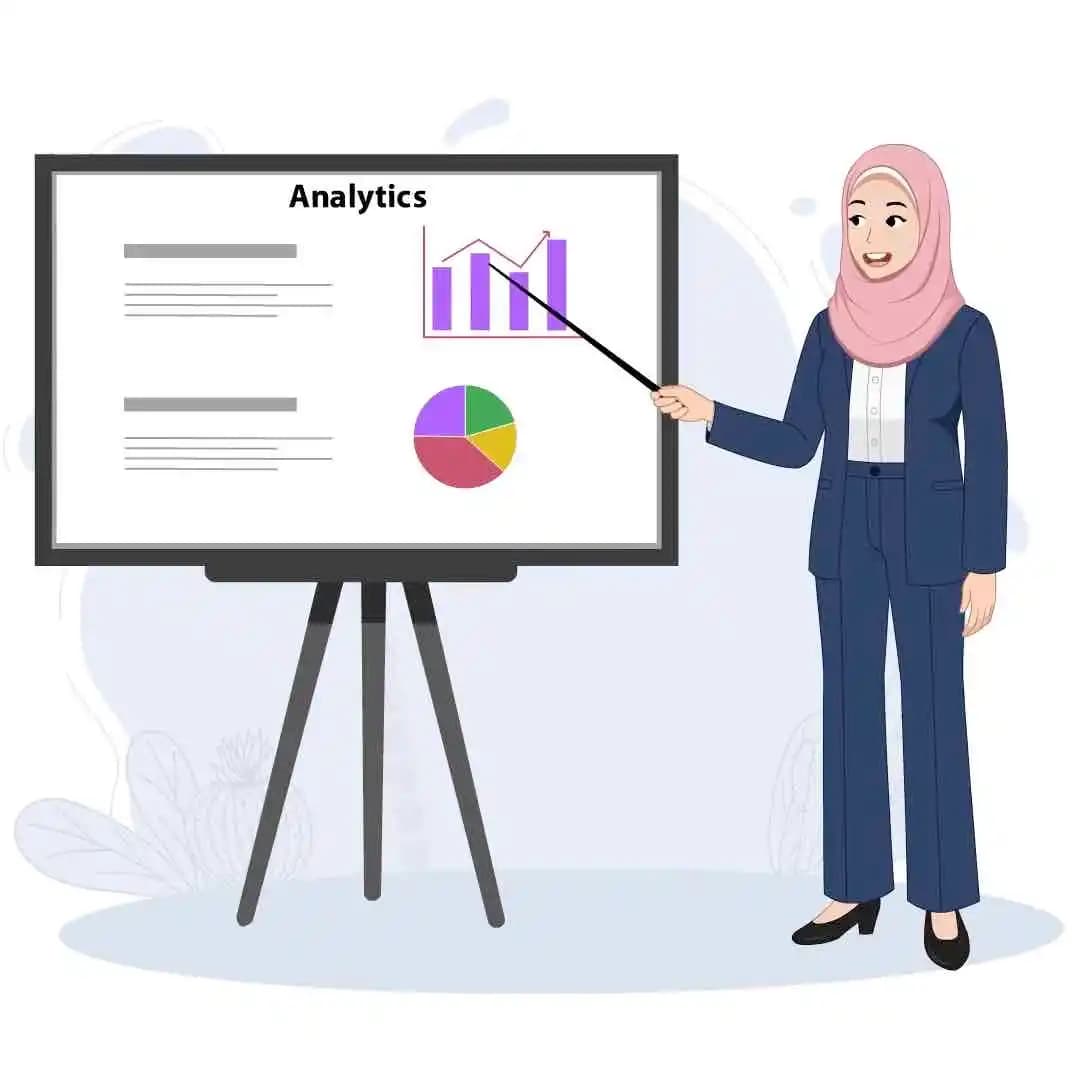 A female muslim office employee doing presentation animated vector cartoon character AKA Maryam