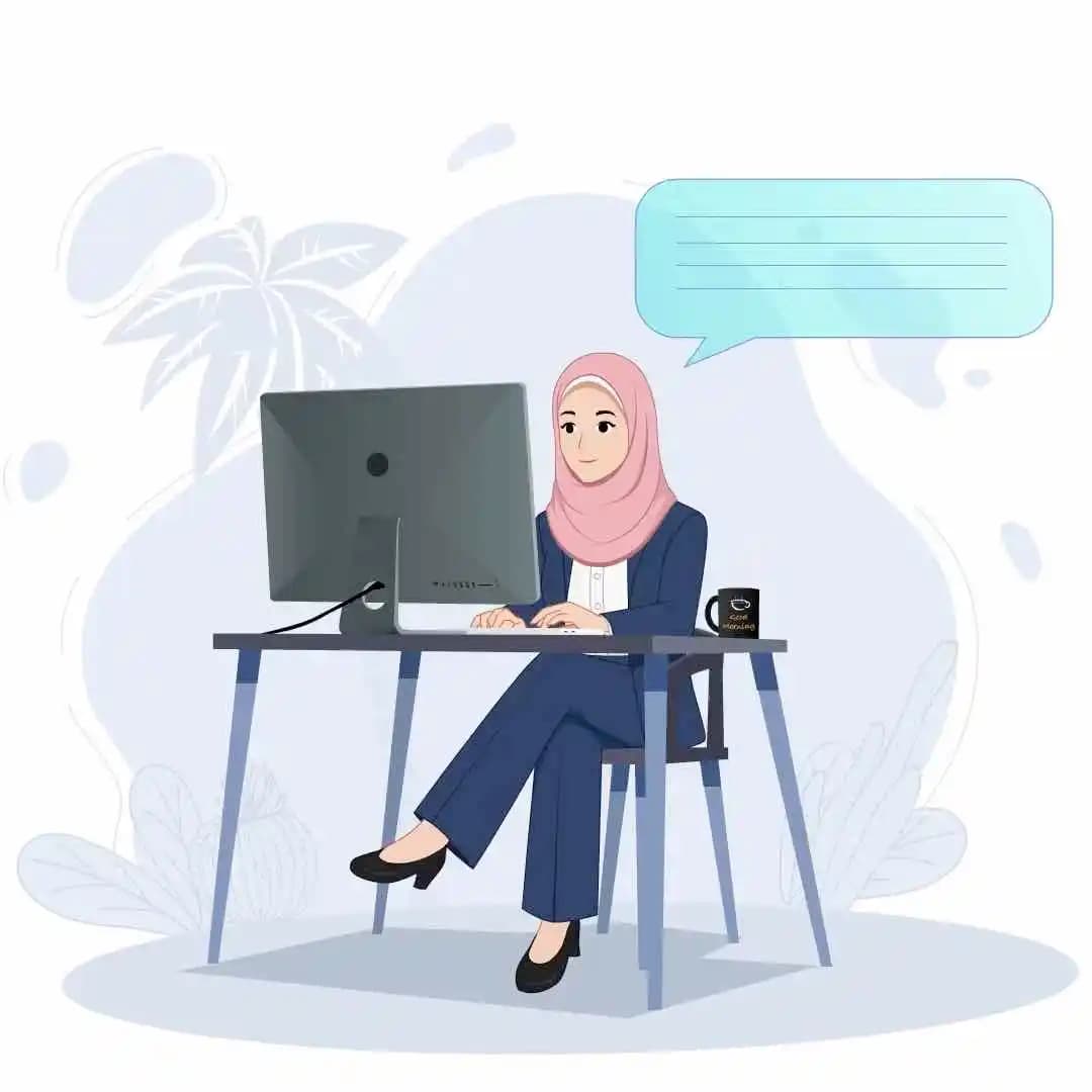 A female muslim office employee working on desktop animated vector character AKA Maryam