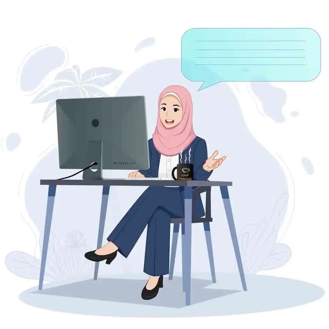 A female muslim office employee talking while sitting animated vector character AKA Maryam
