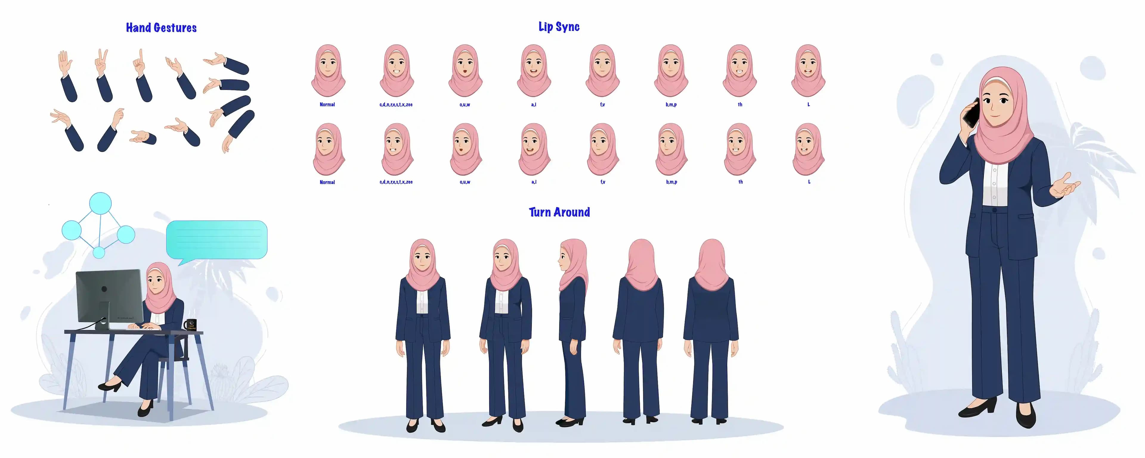 A female muslim office employee model sheet & character construction design set for animation AKA Maryam