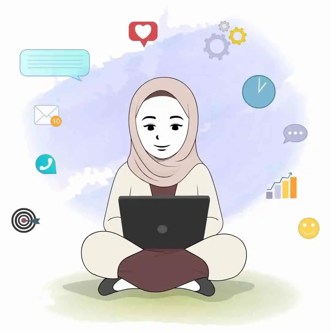 A female hijab character working while sitting on floor animated cartoon vector AKA Zeenat