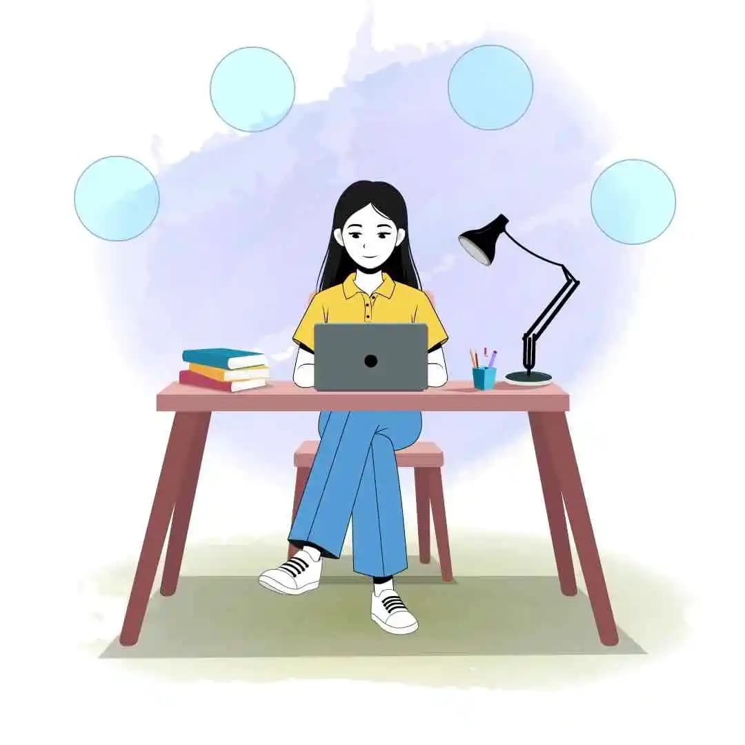 A female college student doing study on laptop animated vector cartoon character AKA Chun hwa