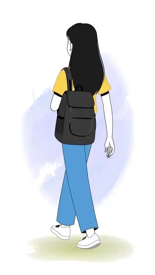 A female college student walk cycle in back third view animated vector cartoon character AKA Chun hwa