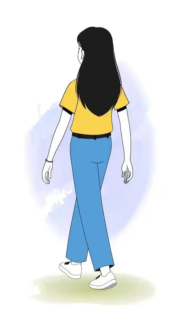 A female college student walking in back third view animated vector cartoon character AKA Chun hwa