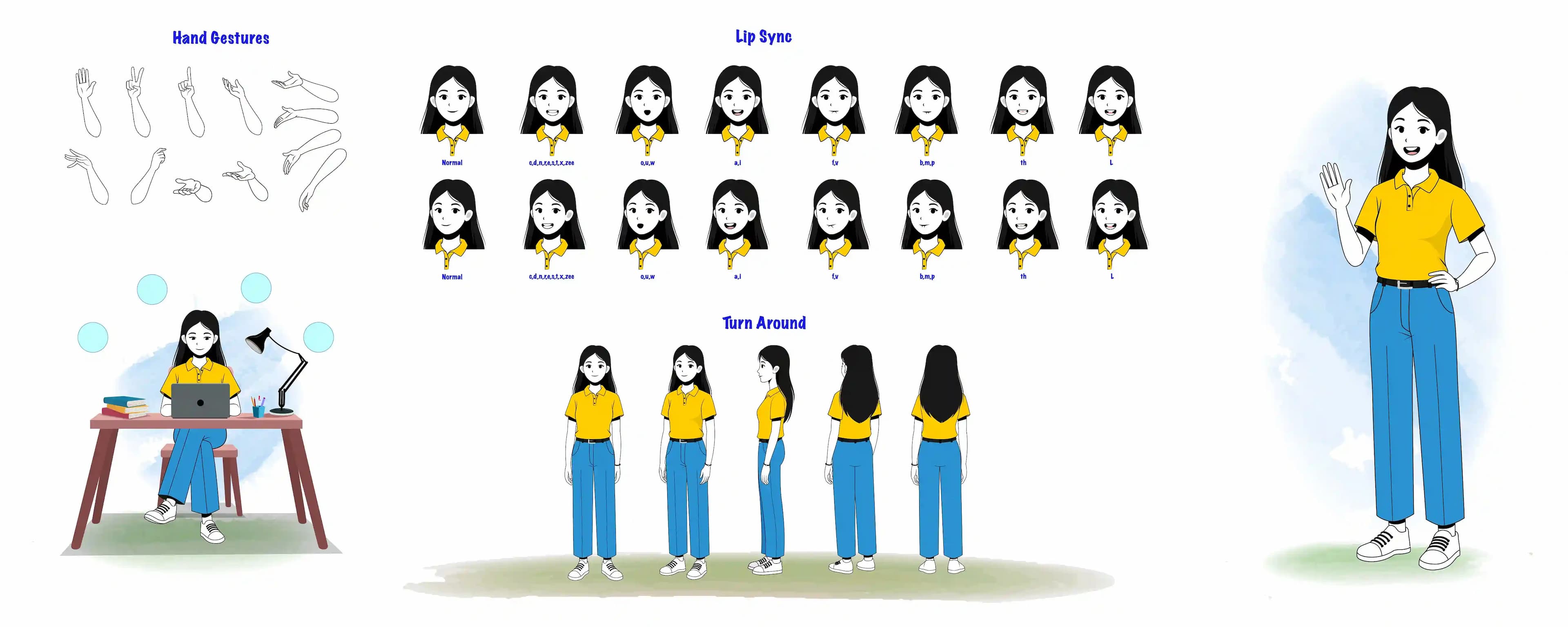 Female college student model sheet cartoon vector character design set for animation AKA Chun hwa