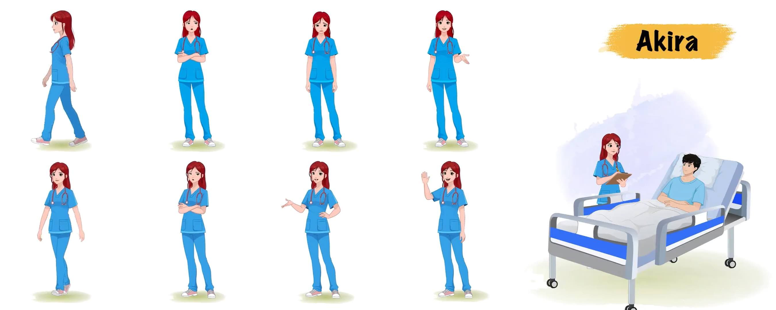 Female doctor model sheet animated vector cartoon character AKA Akira