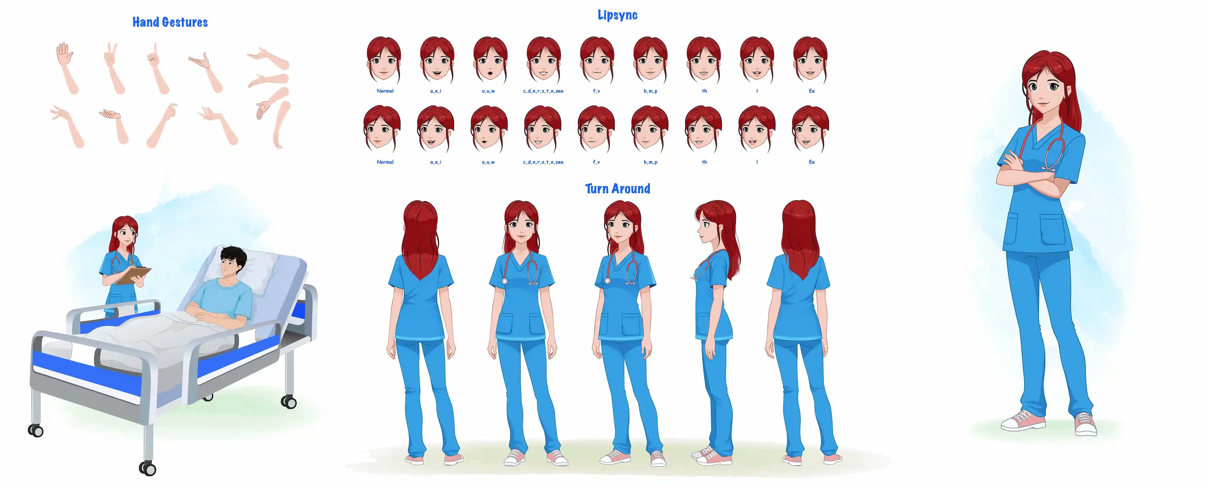 A cartoon female doctor model sheet vector & character construction design set for animation AKA Akira