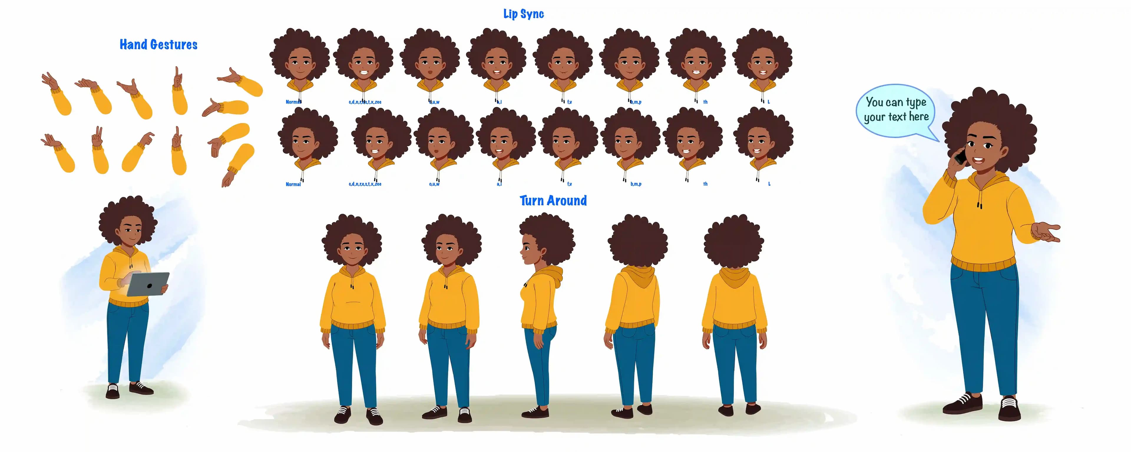 African girl character model sheet with hand gestures, lip sync, and turnaround poses aka phebee