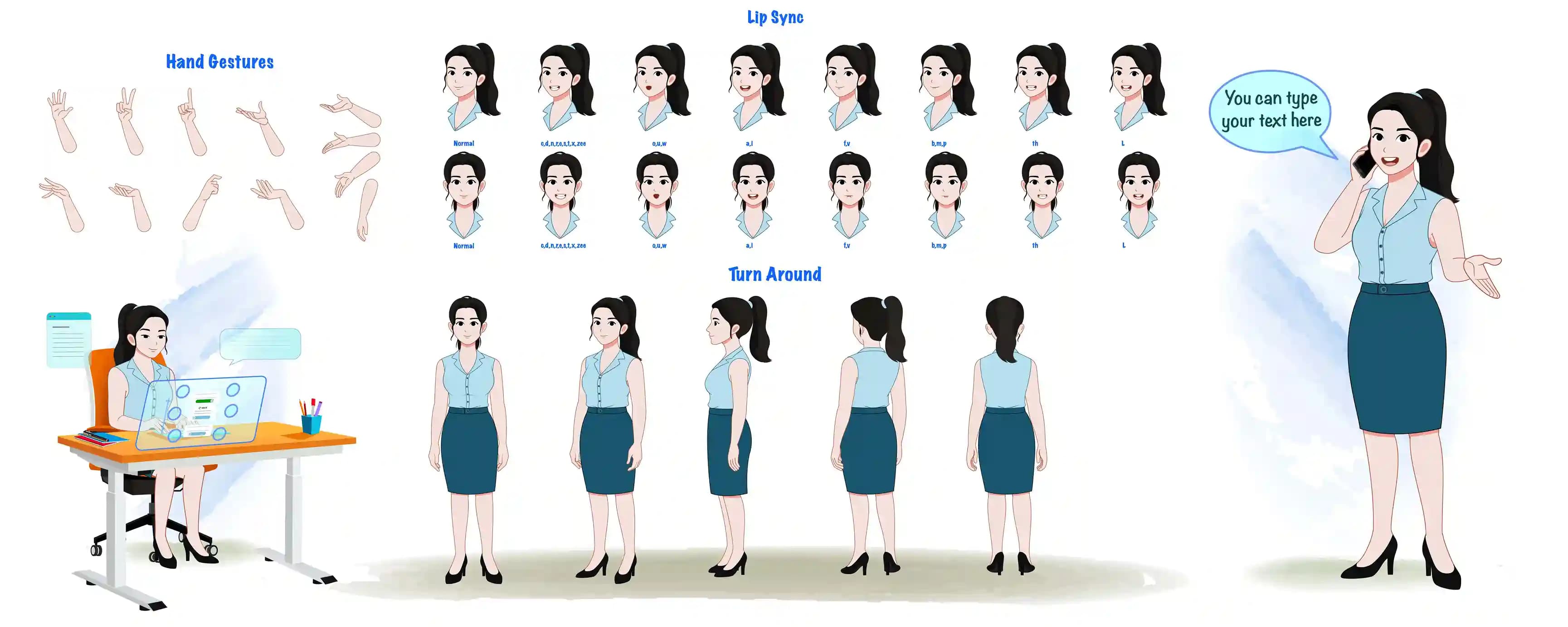 Female Office Character Model Sheet Hand Gestures, Lip Sync and Turnaround AKA Daina
