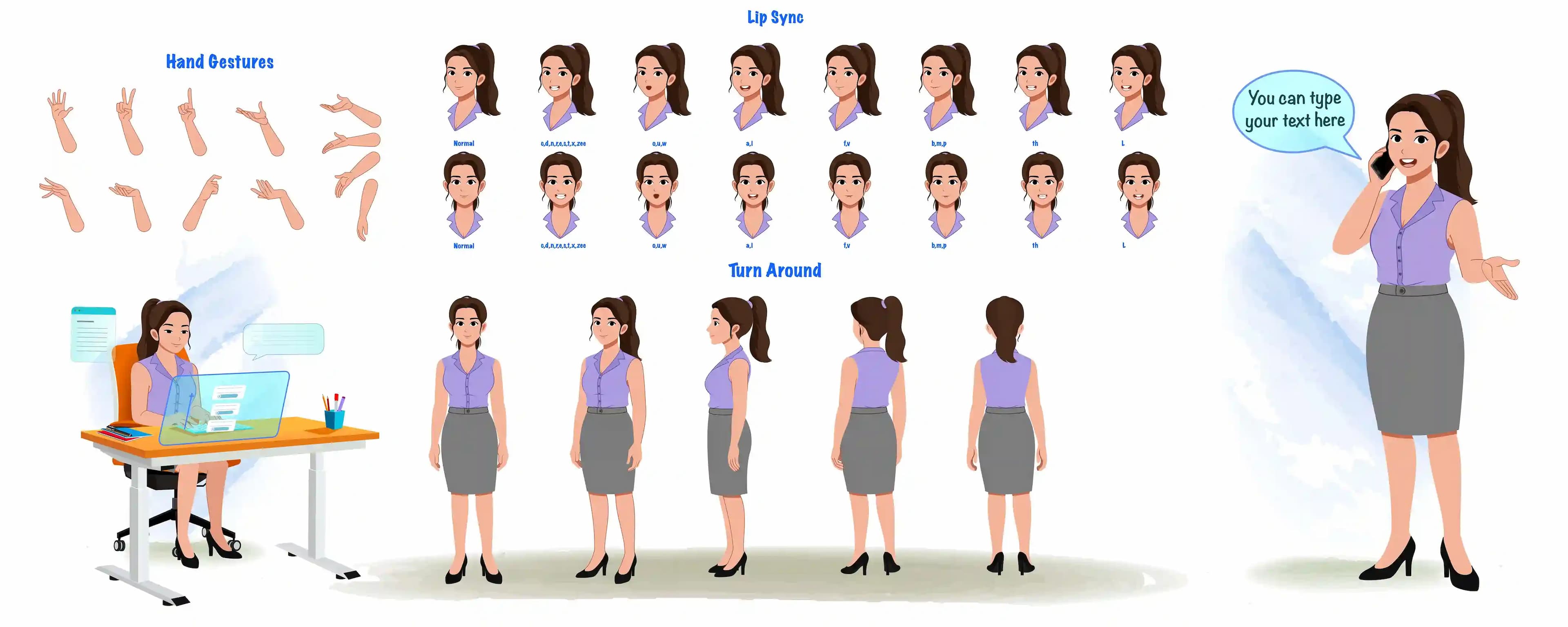 Businesswoman Vector Cartoon Character Model Sheet Turnaround, Lip Sync & Hand Gestures AKA Rachel