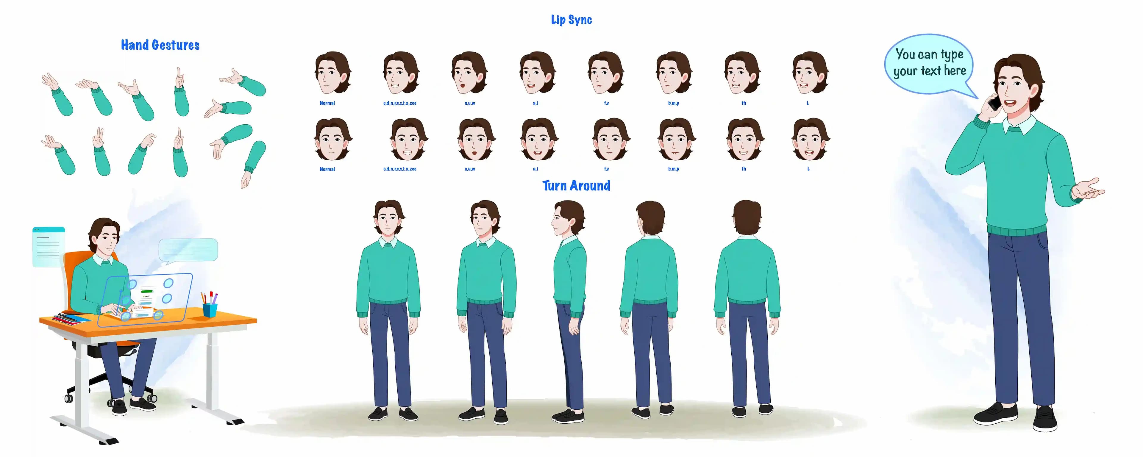 2d young man cartoon character model sheet & character design set construction set for animation AKA Leon
