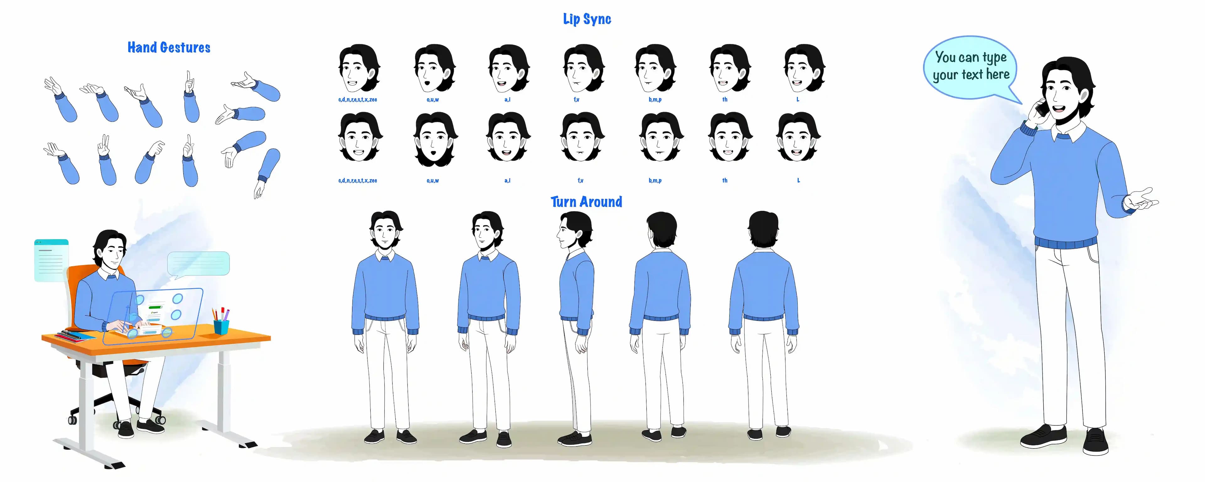 Businessman Animated Vector Cartoon Character Model Sheet with Hand Gestures, Lip Sync & Turnaround AKA Jungkook