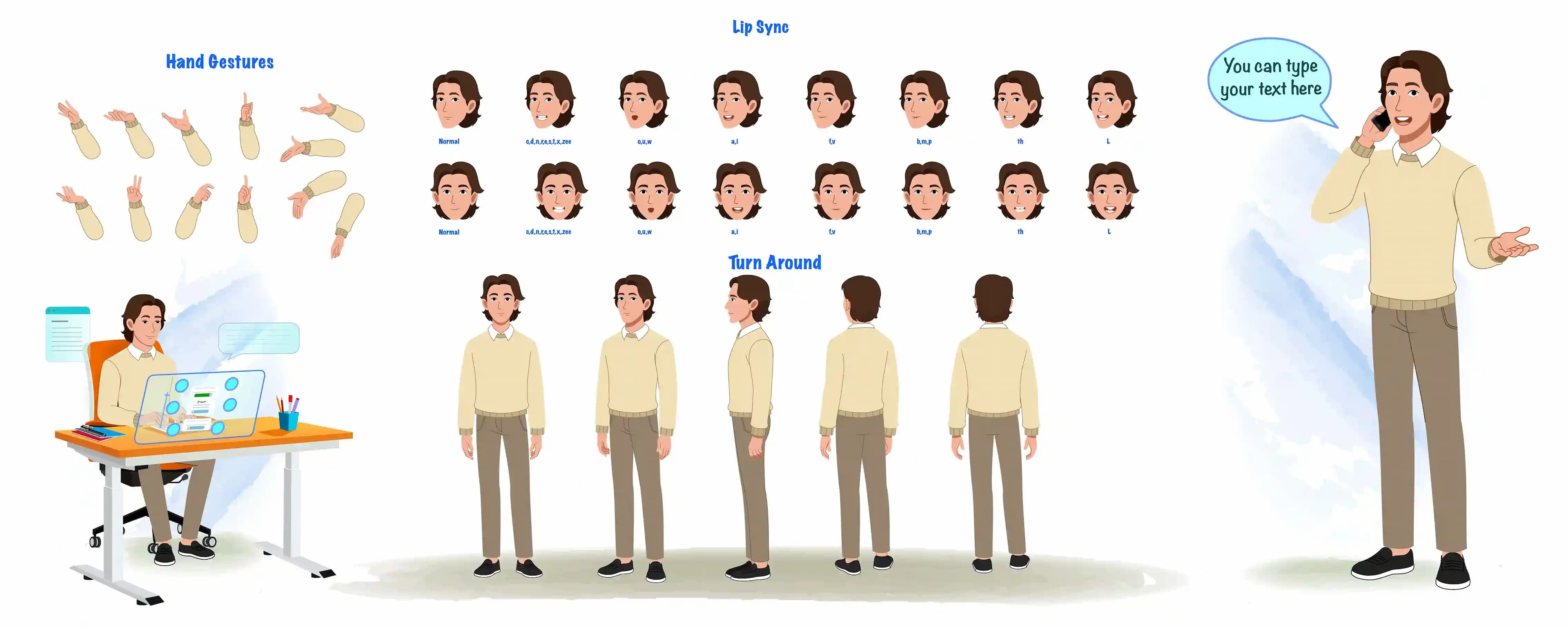 Animated Business Vector Cartoon Character Model Sheet Turnaround, Lip Sync & Hand Gestures AKA Lucas
