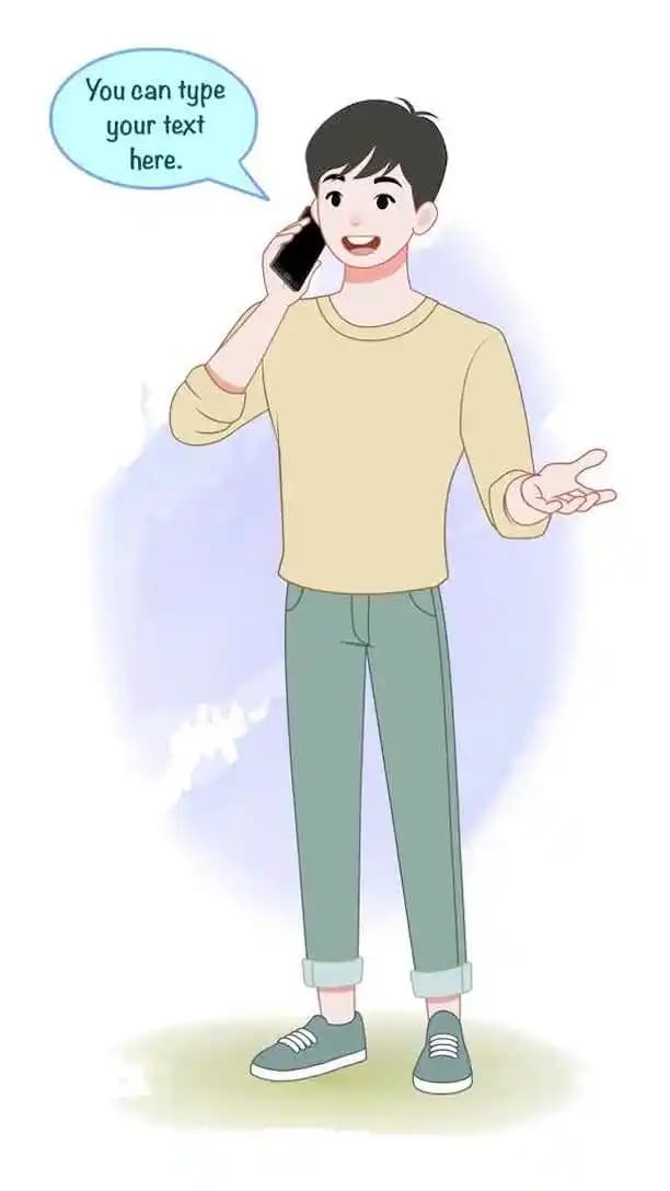 A cheerful cartoon young man in a beige sweatshirt and teal pants holds a smartphone to his ear while gesturing with his free hand; a blue speech bubble shows he’s chatting AKA Joon