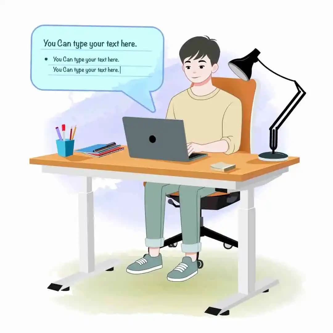 A cartoon young man in a beige sweatshirt types on a laptop at a modern desk with a task lamp,notebooks,and a pencil cup,while a blue speech-bubble UI floats beside him,implying messaging or note-taking in a home-office setup AKA Joon