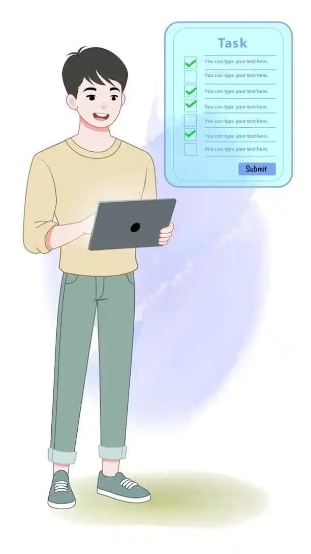 A cartoon young man in a beige sweatshirt and green cuffed pants stands holding a tablet, with a blue “Task” checklist panel showing multiple checkmarks beside him AKA Joon