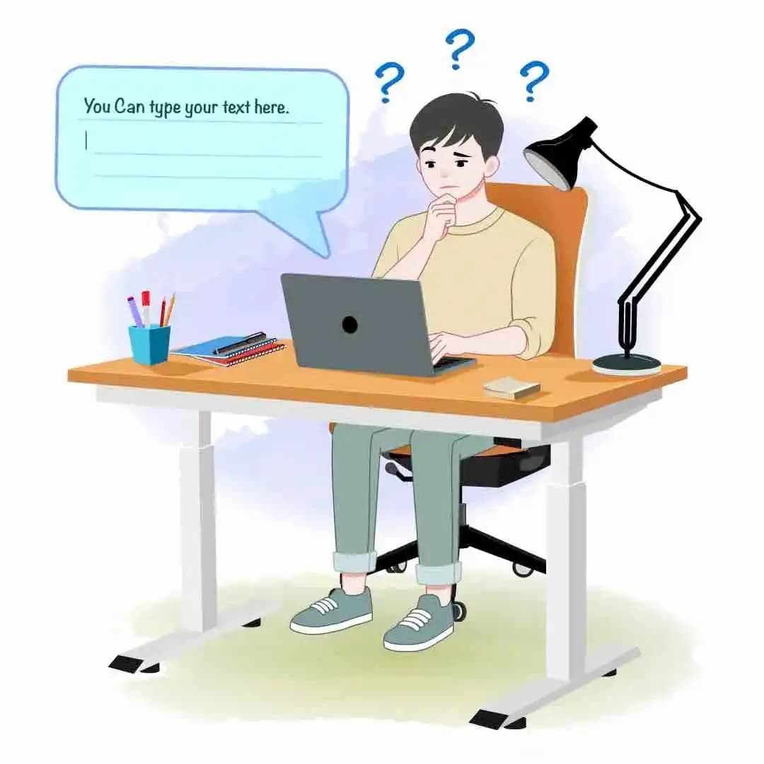 A cartoon young man in a beige sweatshirt sits at a modern desk,hand on chin,staring at a laptop while blue question marks float above him and a chat-bubble UI appears beside him. A task lamp,notebooks,and a pencil cup complete the home-office scene,conveying confusion or problem-solving AKA Joon