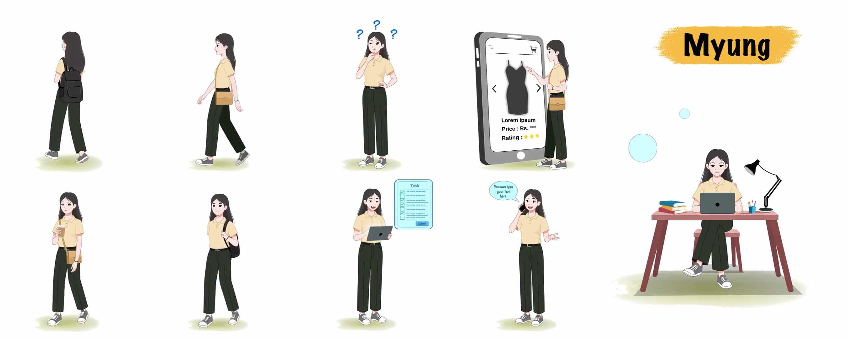 Young girl animated vector cartoon character modal sheet AKA Myung