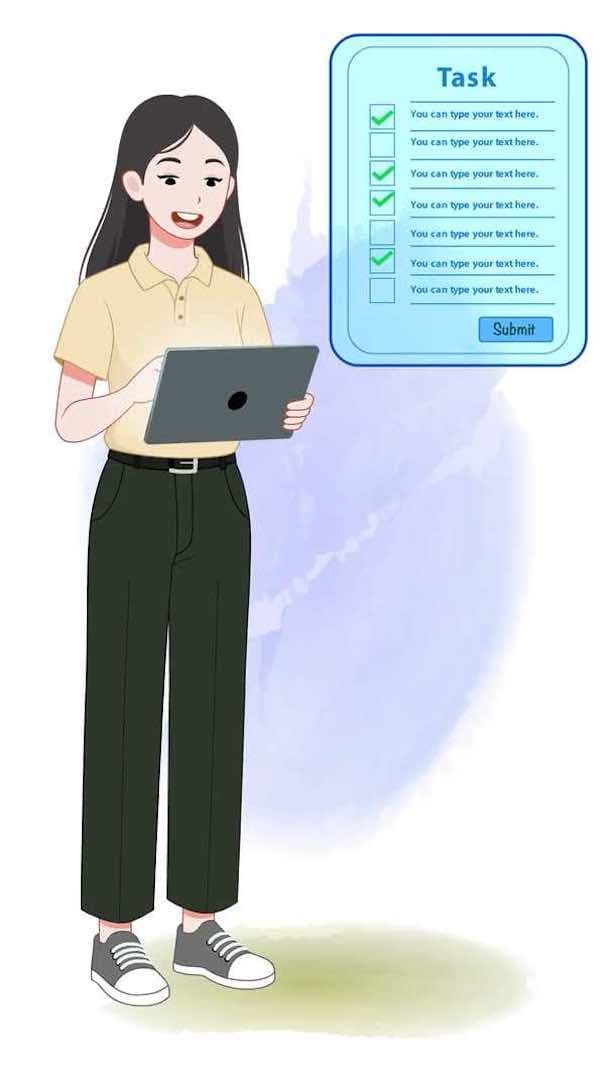 Young girl use tab animated vector cartoon character