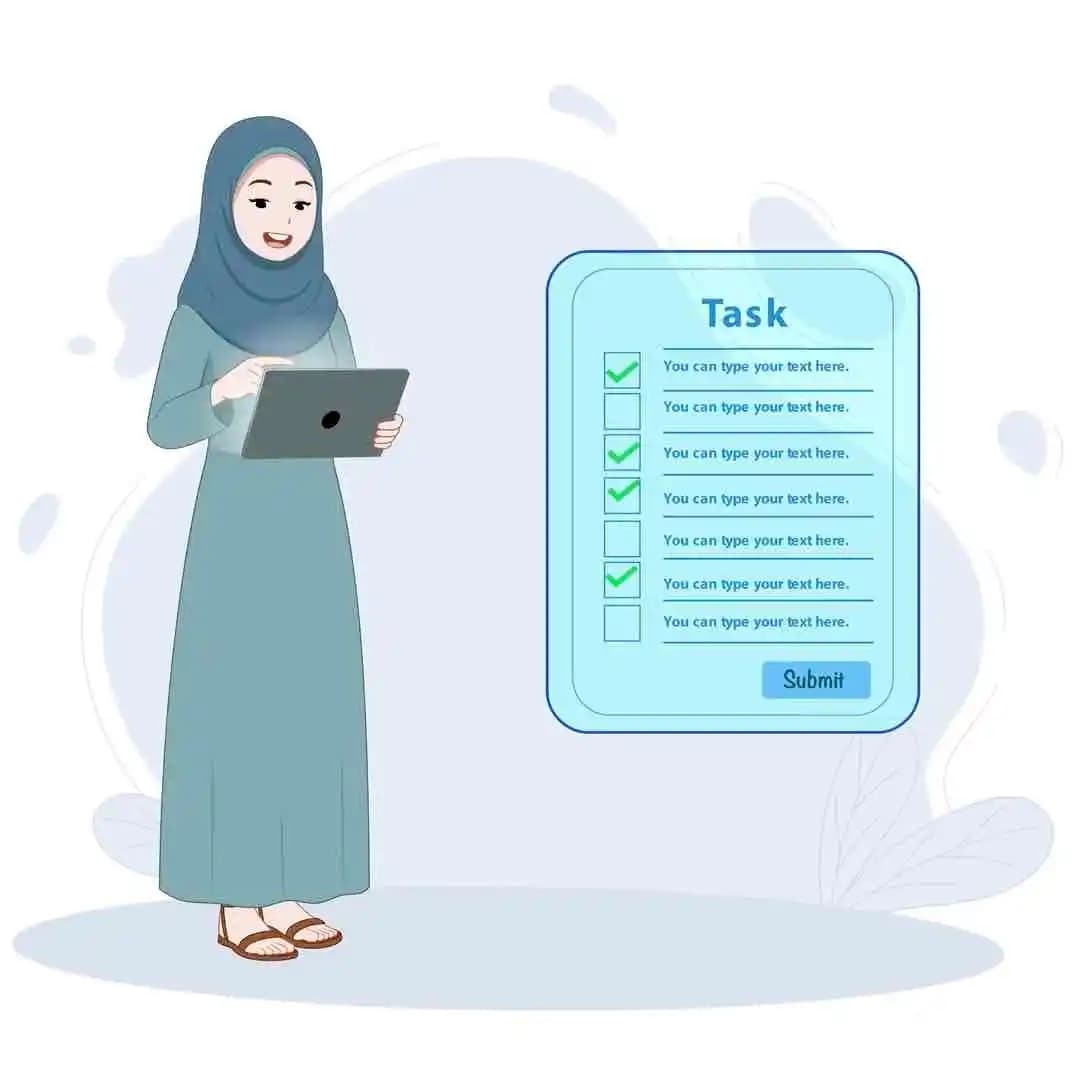 An Arabic Urban cartoon woman using tablet animated vector character AKA Noor