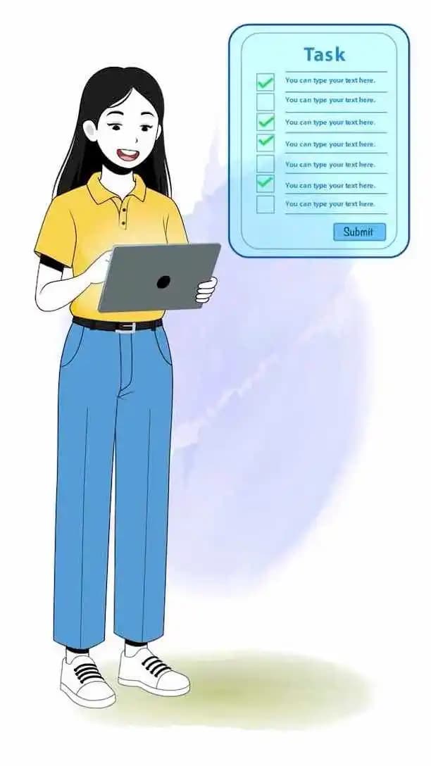 A female college student using tablet animated vector cartoon character AKA Chun hwa