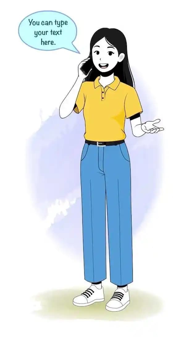 A female college student talking on mobile animated vector cartoon character AKA Chun hwa