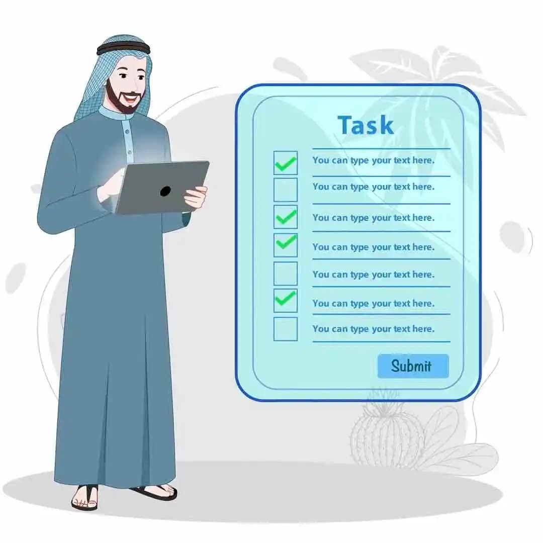A muslim arab sheikh using tablet animated vector cartoon character AKA Mustafa