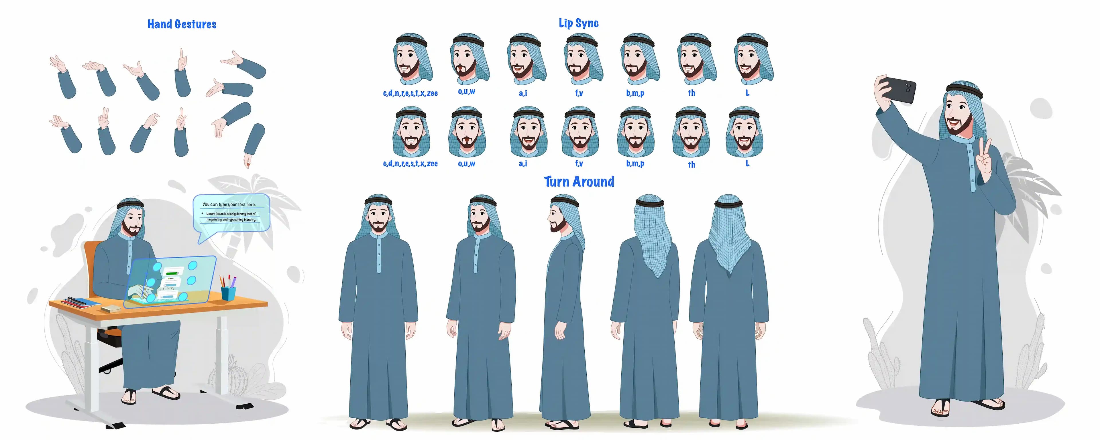 A muslim arab sheikh illustration model sheet & character construction design set with hand gesture or turn around set AKA Mustafa