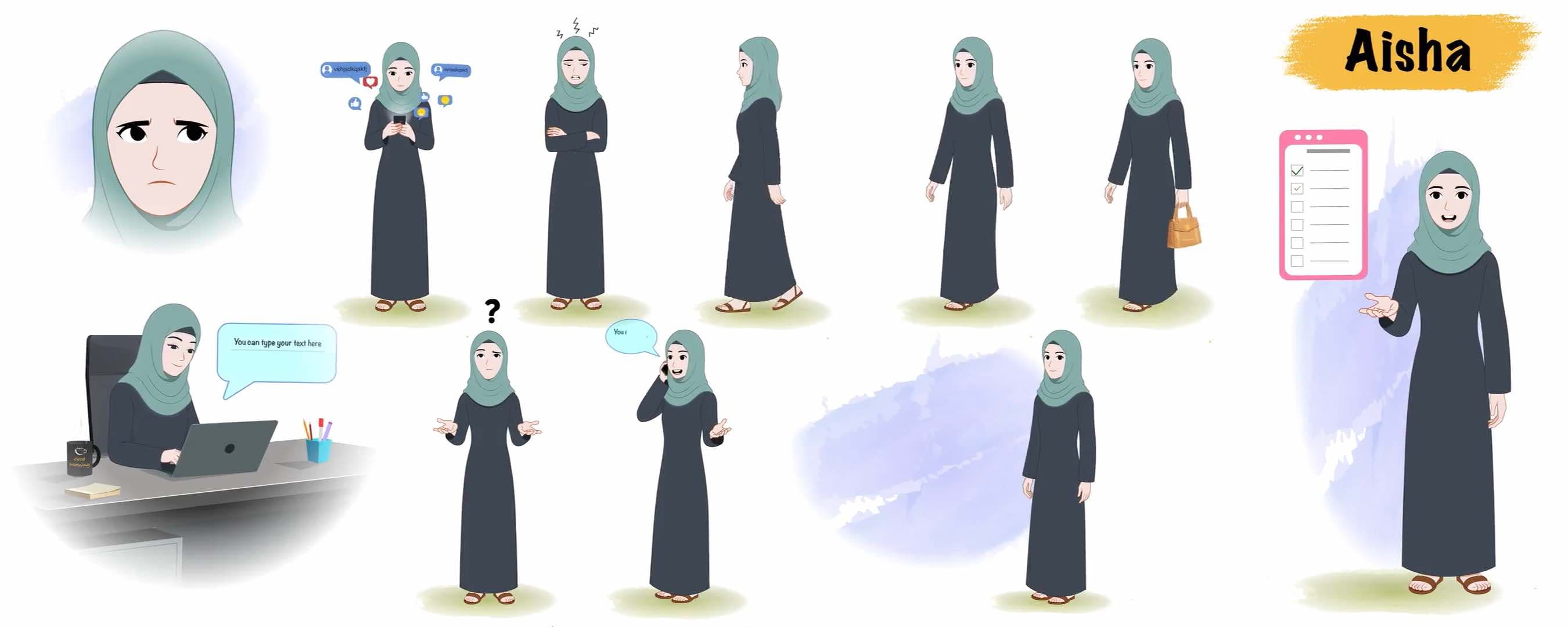 Green Hijab female character animated vector cartoon character model sheet