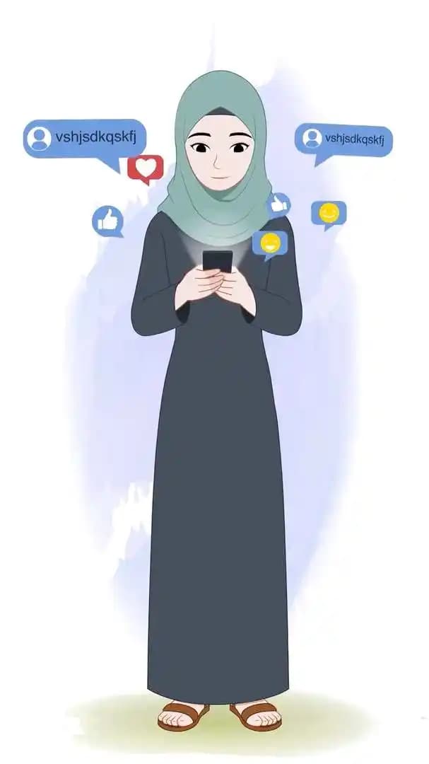 A Green Hijab female character using mobile animated cartoon vector AKA Alisha